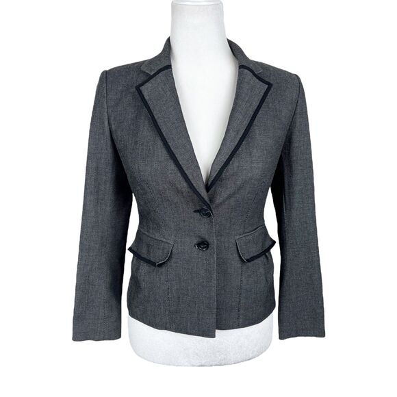 Halogen Blazer Women 0 Petite Black White Button Up Career Jacket Shoulder Pads - Picture 1 of 14